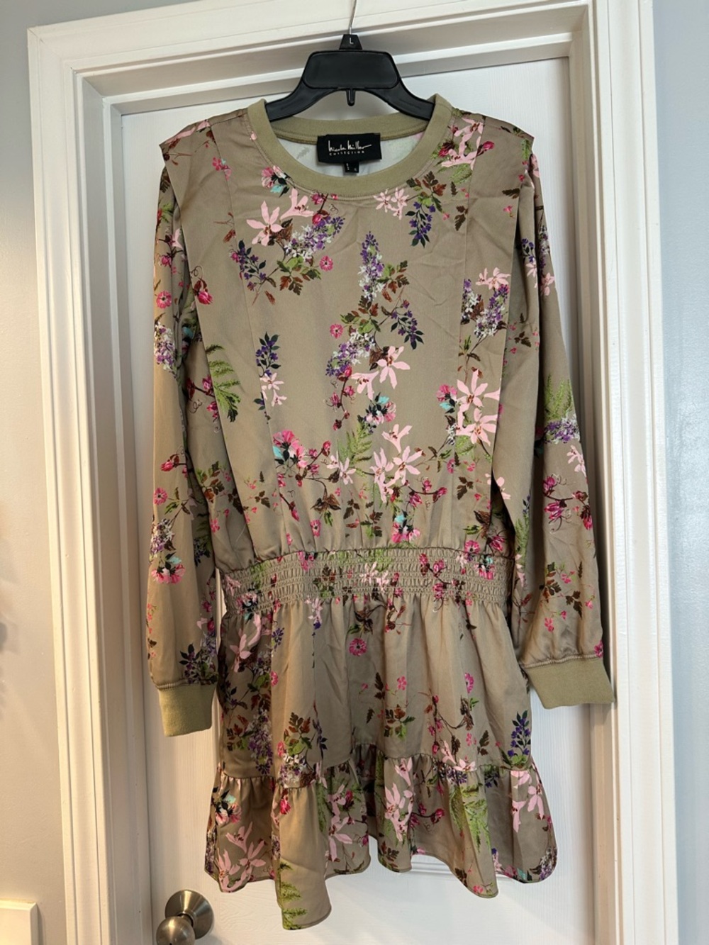 Nicole Miller Olive Floral Smocked-Waist Mini Dress